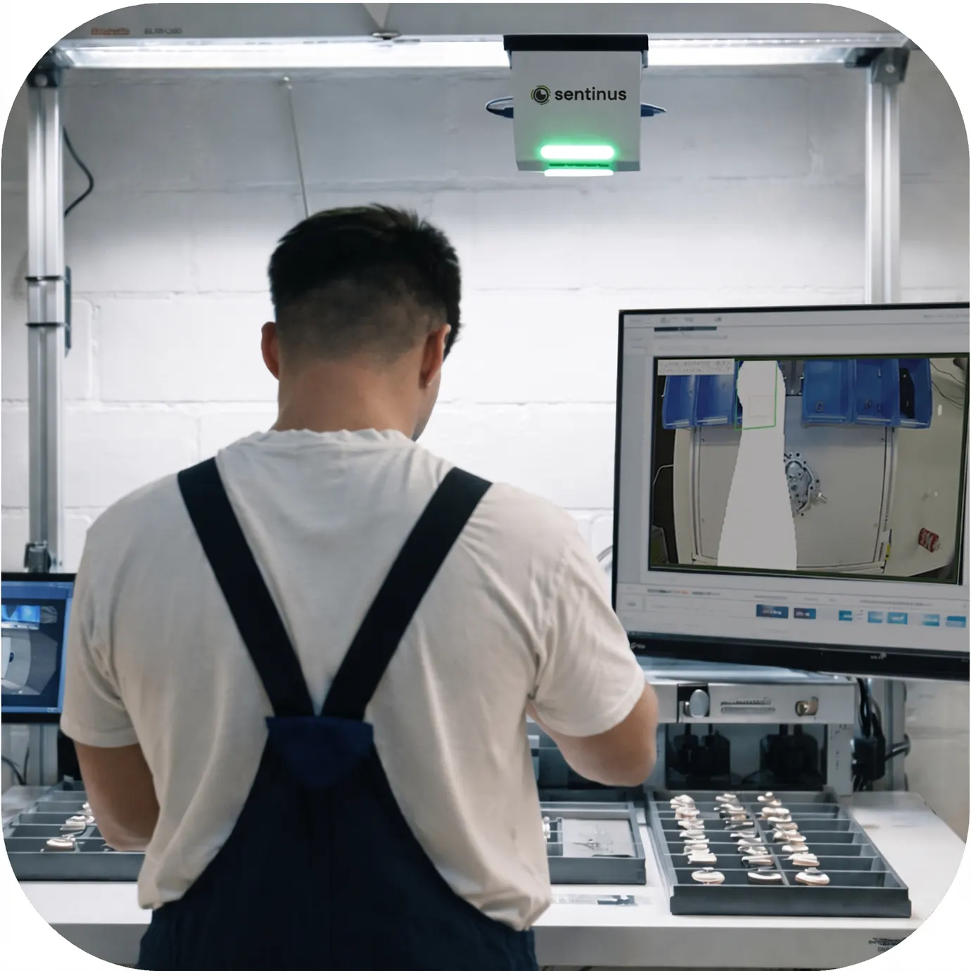 A Sentinus inspection unit mounted above an assembly bench, status light green, with the live inspection view on the operator's screen