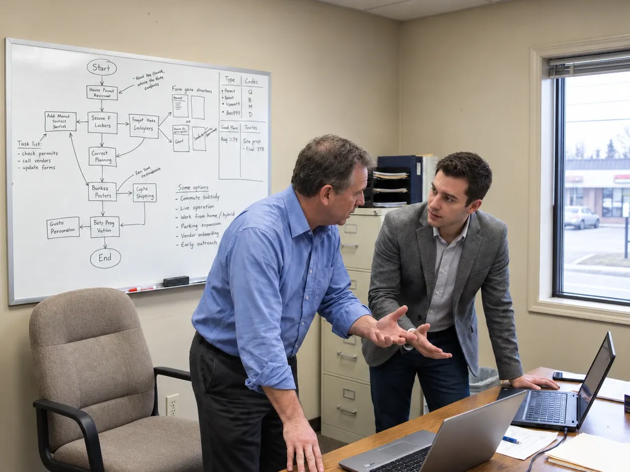 Two executives in an office talking across a desk, a process flow mapped out on the whiteboard behind them