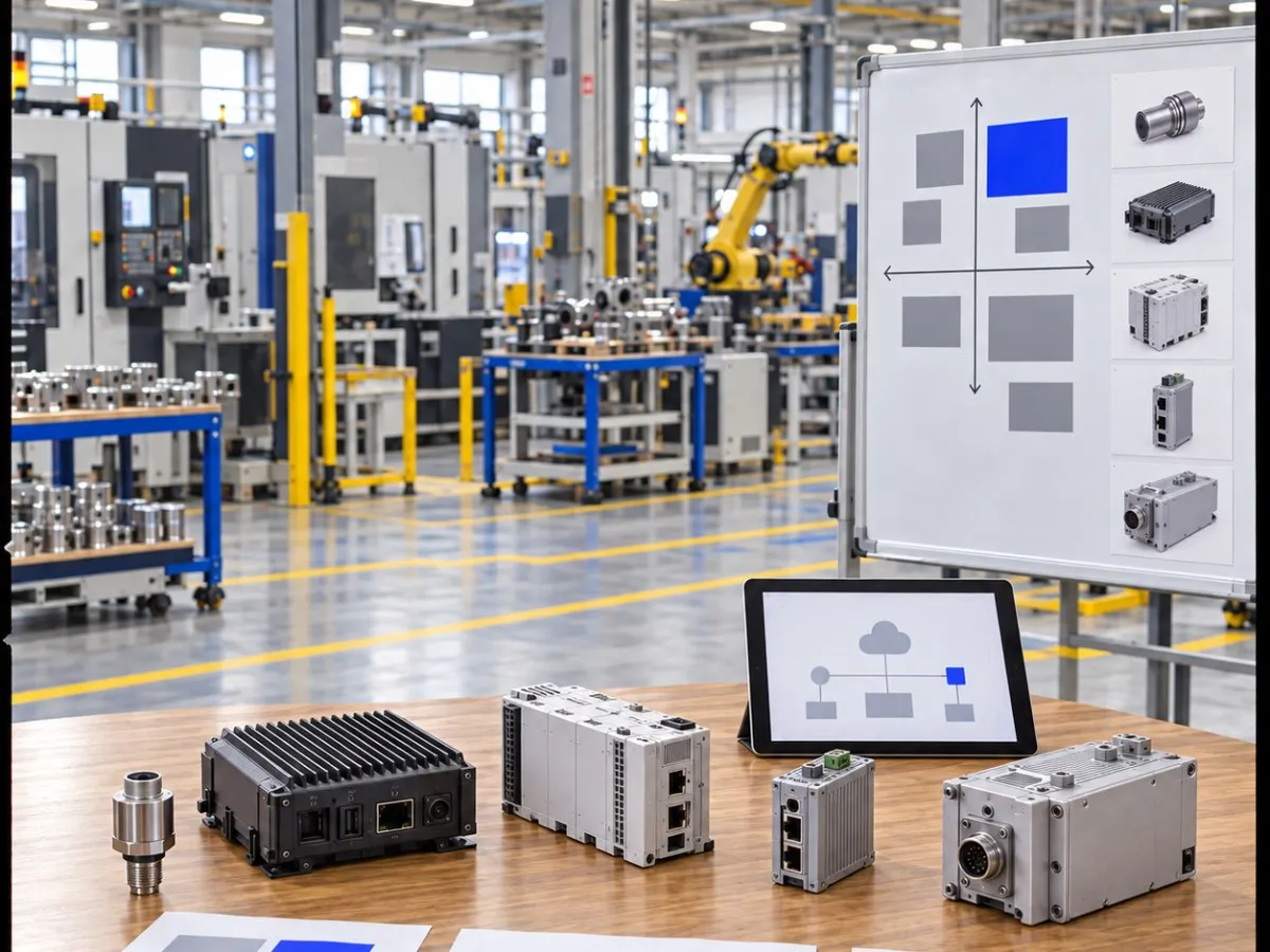 A product portfolio laid out on a workbench on a factory floor, with a positioning matrix and the same products pinned to a whiteboard behind