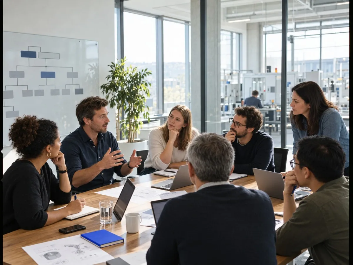 A leadership team in discussion around a boardroom table, an organization chart drawn on the whiteboard behind them