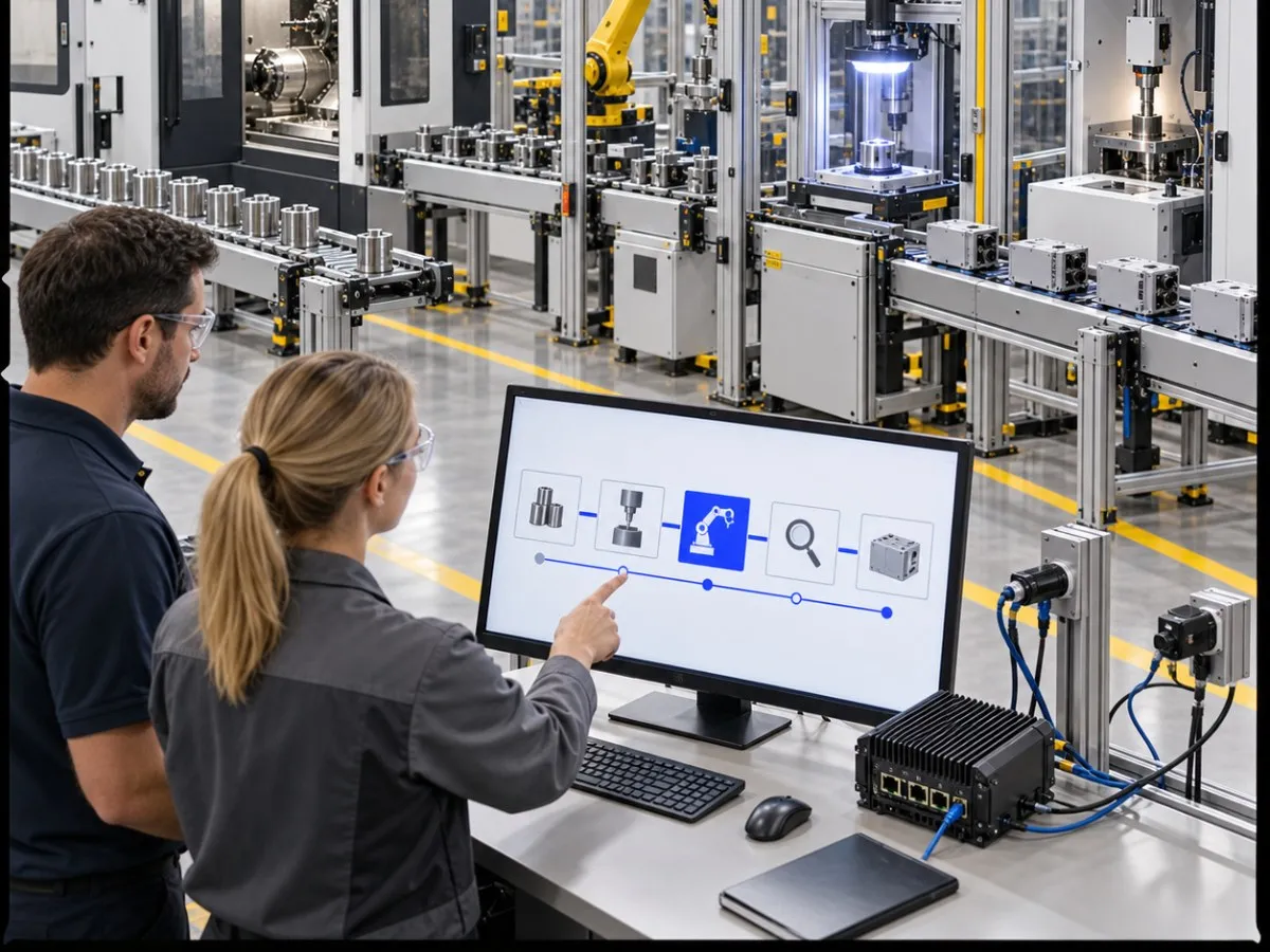 Two engineers at a workstation on a factory floor, following a process flow on screen while the line runs behind them