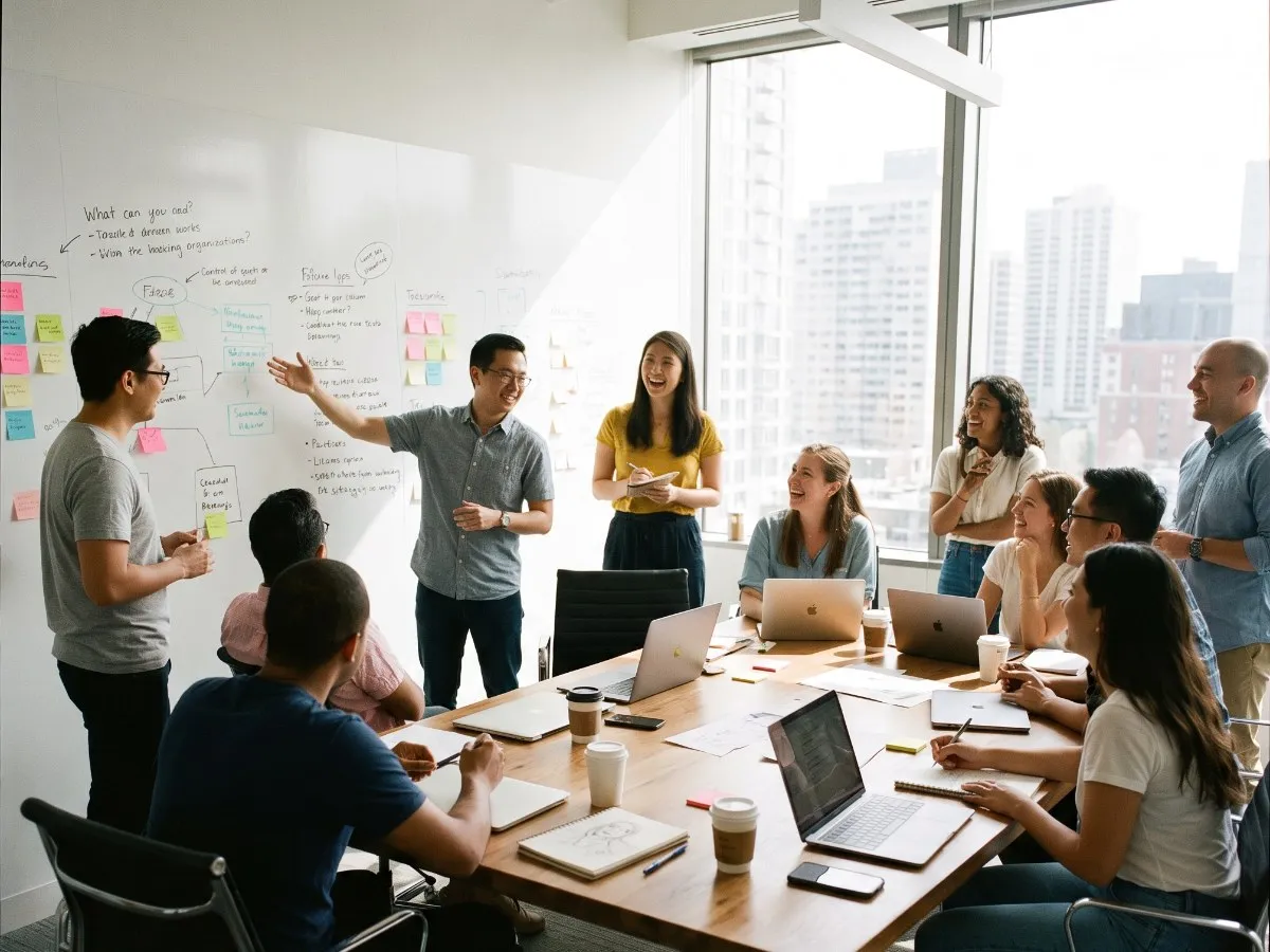 A leadership team around a boardroom table, one person presenting at a whiteboard covered in notes and sticky notes